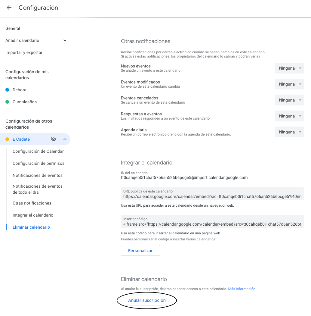 Borrar el calendario de Google Calendar Borrar el calendario de Google Calendar