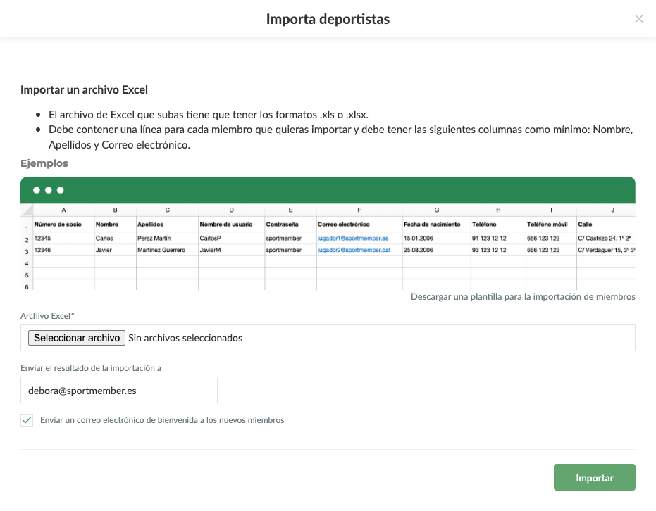 Importar listado de miembros desde una planilla de Excel