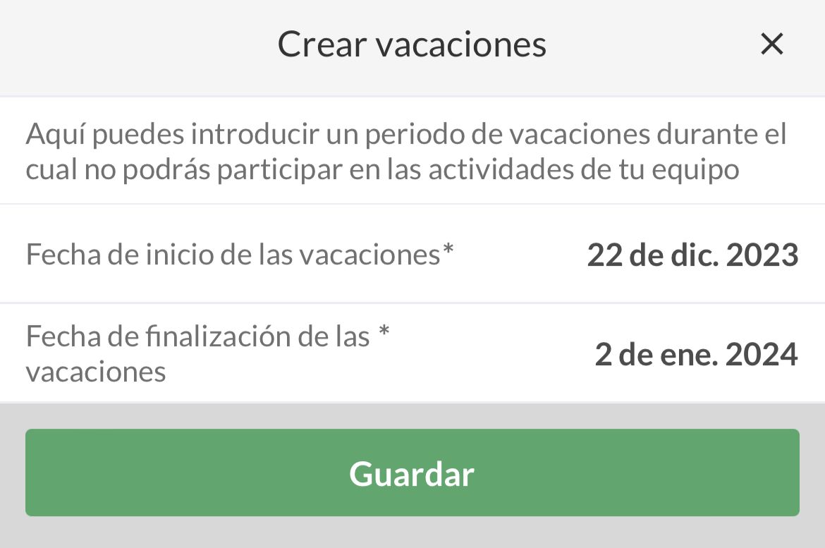 Crear vacaciones desde el calendario en la app